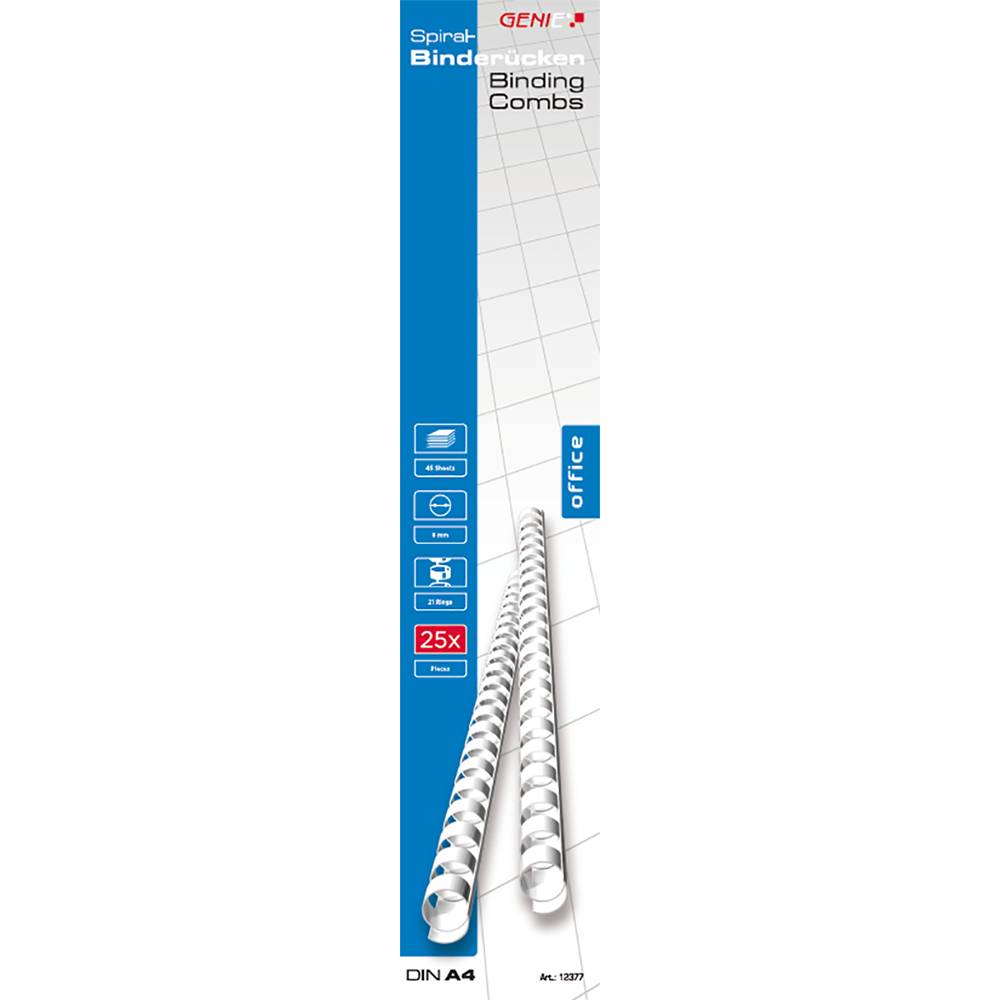Produktpaket für GBC Spiralbindekämme, Büronutzung, 25er-Pack, für DIN-A4-Dokumente.