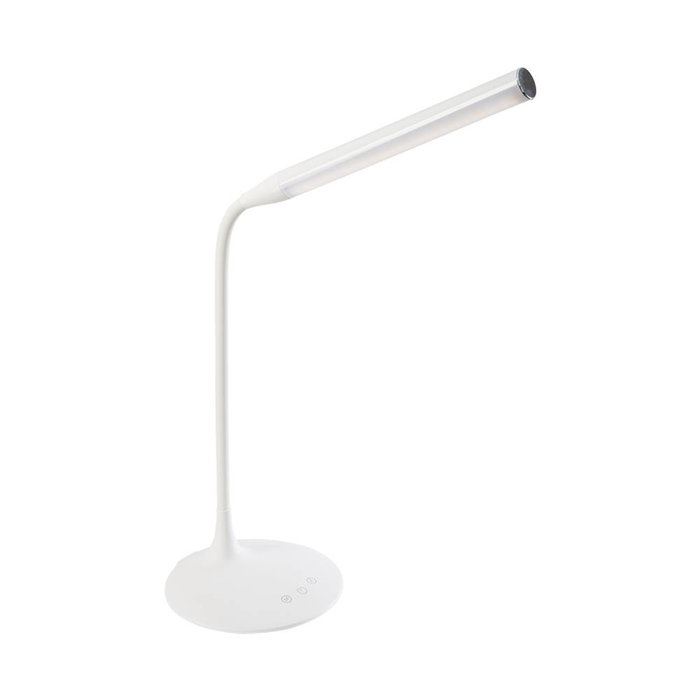 Weiße verstellbare LED-Schreibtischleuchte mit rundem Sockel und schlankem abgewinkeltem Arm auf einfachem Hintergrund.