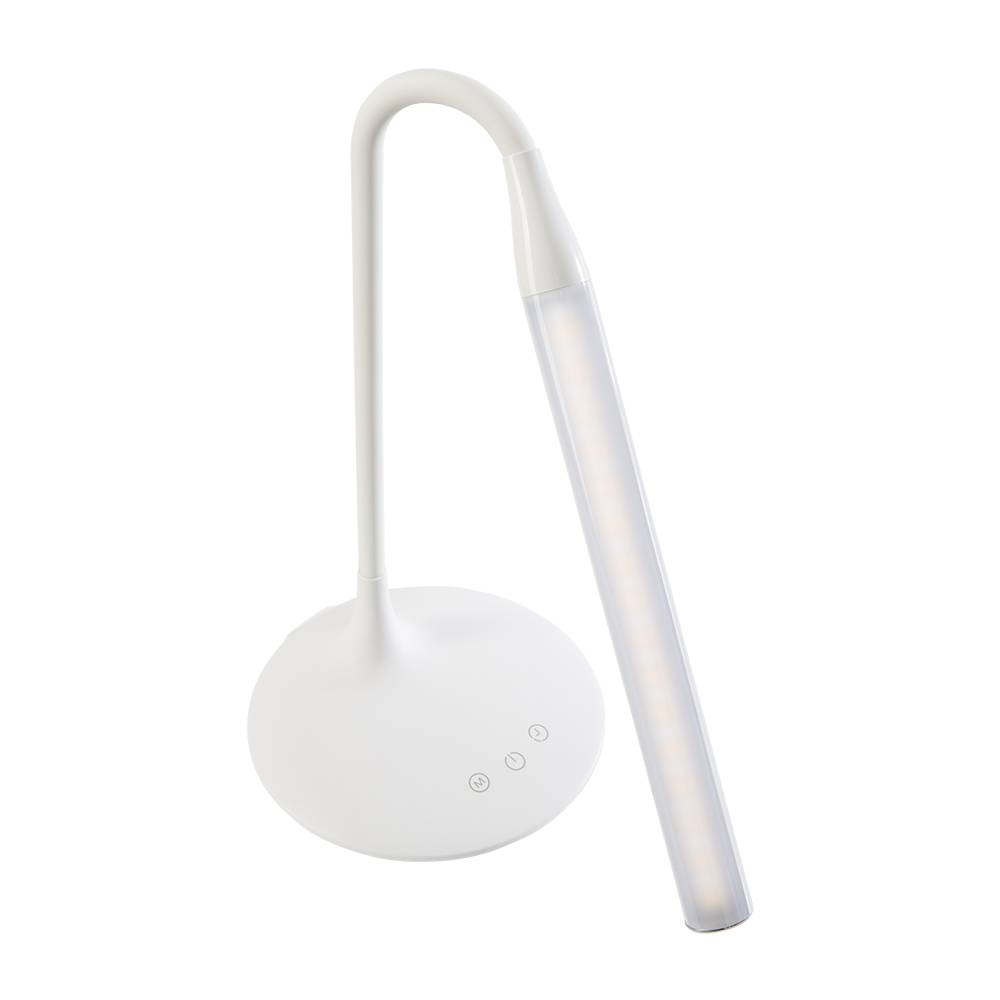 Minimalistische weiße Schreibtischleuchte mit gebogenem Stiel und schmalem vertikalem Leuchtbalken auf rundem Sockel mit Touchbedienung.