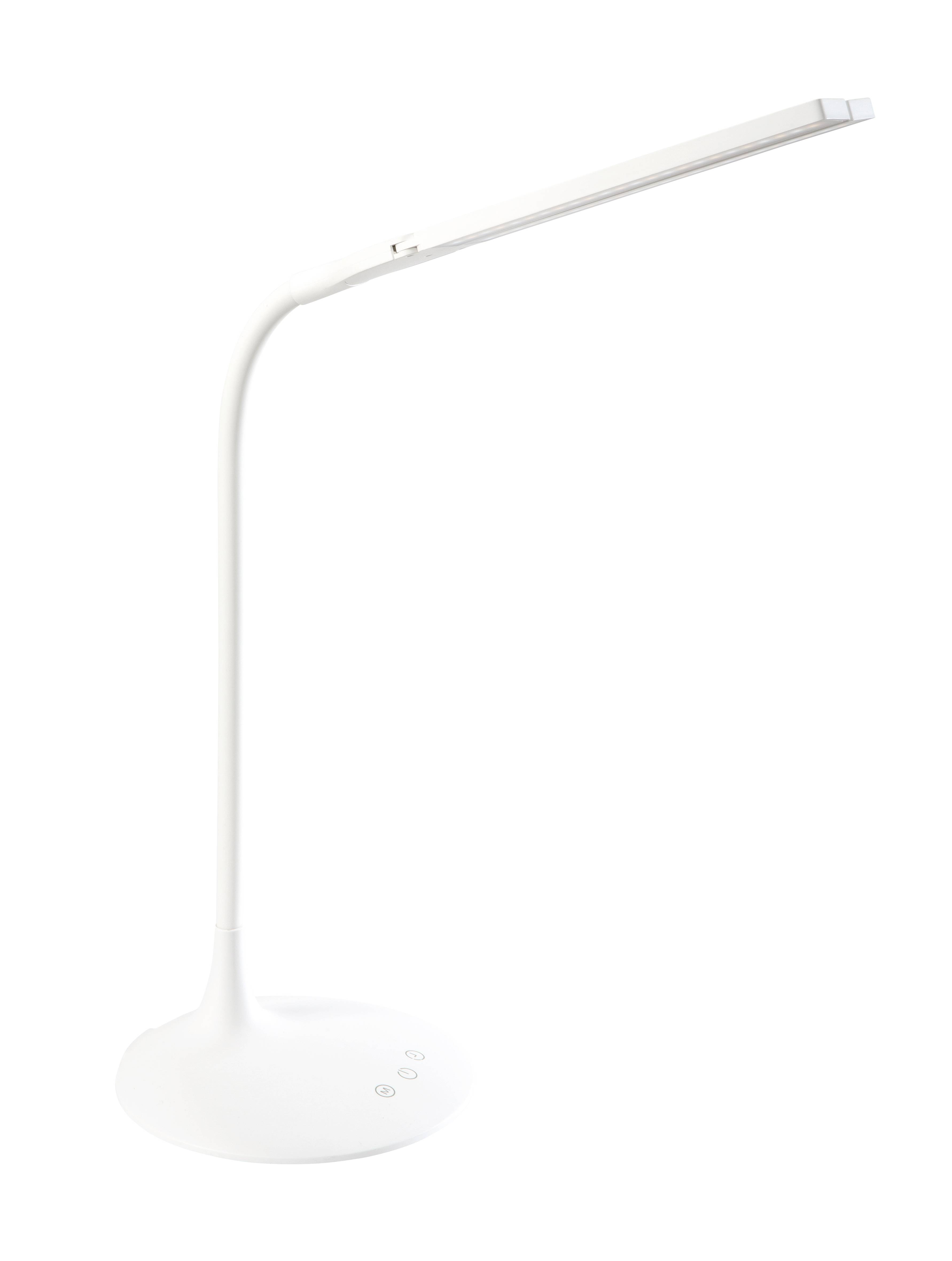 Weiße minimalistische LED-Schreibtischlampe mit gebogenem Schaft, rundem Sockel und schlankem verstellbarem Leuchtbalken auf neutralem Hintergrund.