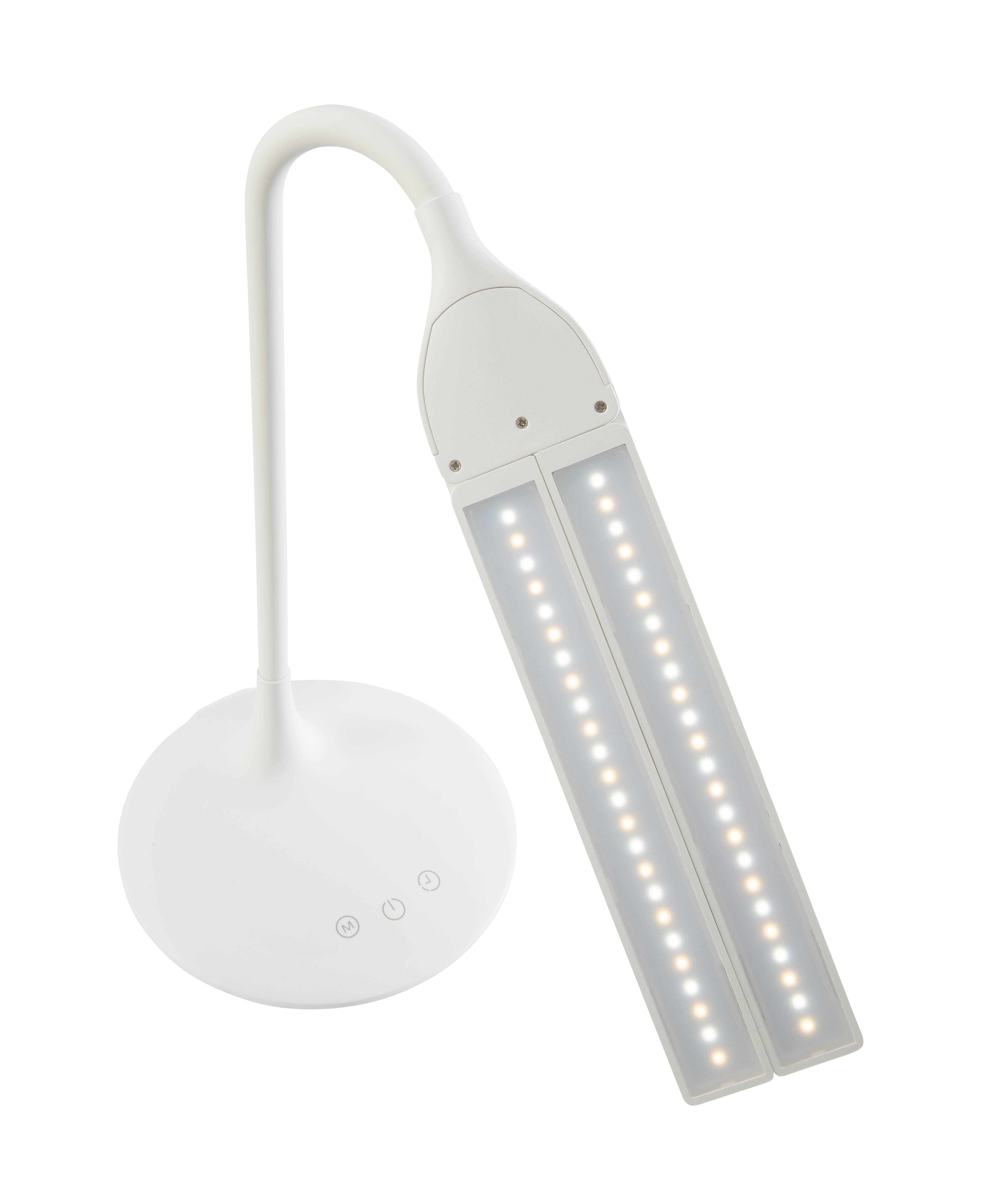 Weiße LED-Schreibtischlampe mit flexiblem Hals, rundem Sockel und zwei schlanken Lichtpaneelen
