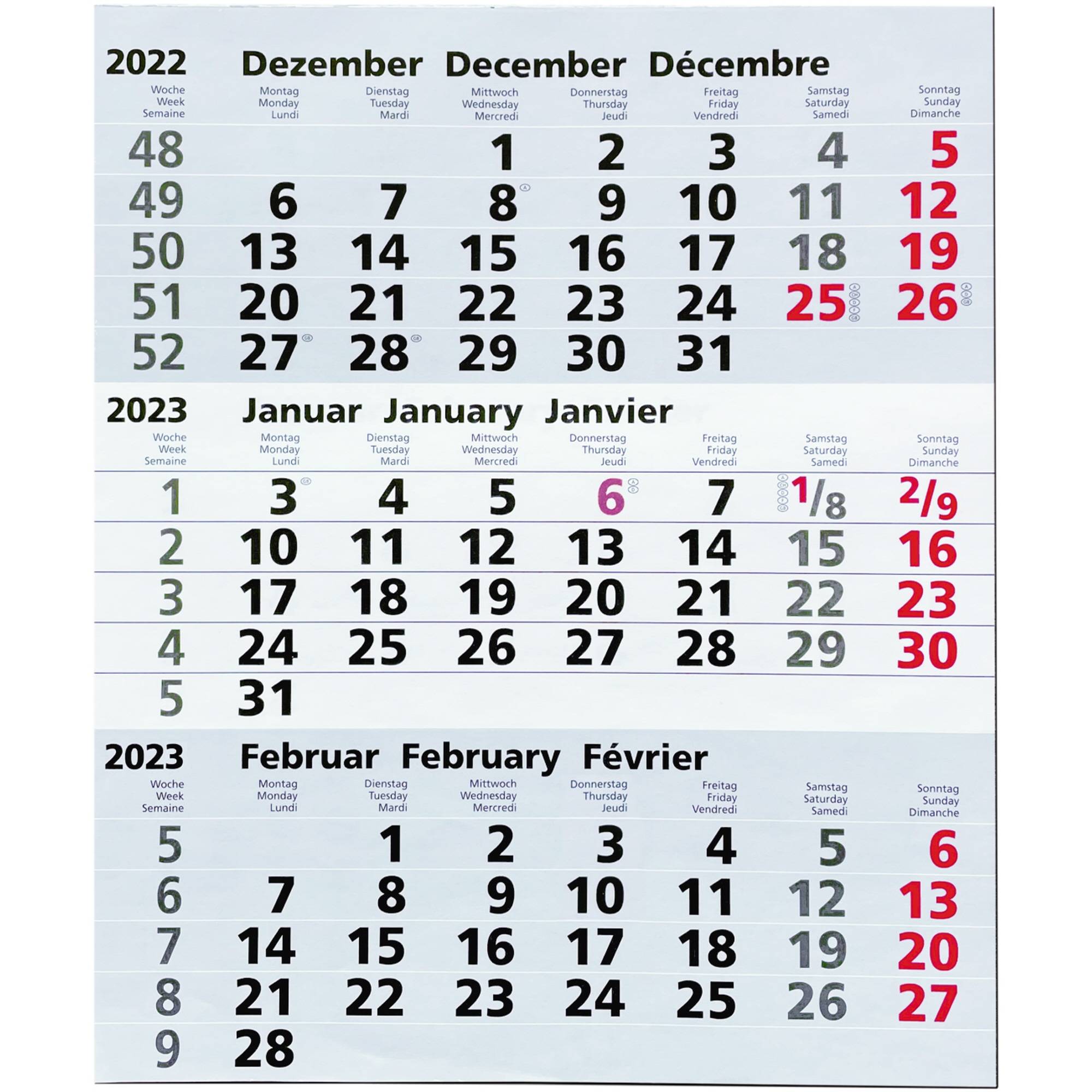 Kalenderseite zeigt Dezember 2022 und Januar-Februar 2023 mit Daten, Wochennummern und Wochenenden/Feiertagen in Rot.
