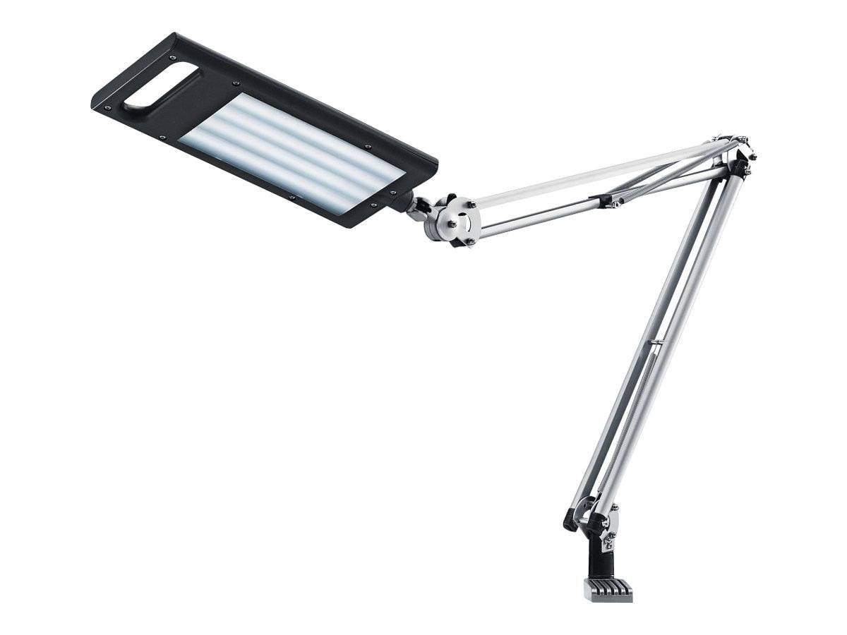 Verstellbare Schreibtischleuchte mit langem Gelenkarm und rechteckigem LED-Leuchtenkopf auf weißem Hintergrund.