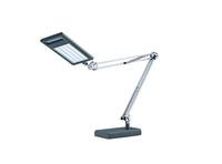 Eine moderne verstellbare Schreibtischleuchte mit artikuliertem Arm und rechteckigem Kopf auf rechteckiger Basis.