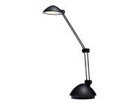 Schwarze verstellbare Schreibtischlampe mit geschwungenem Arm und kuppelförmigem Sockel, gezeigt auf einem schlichten weißen Hintergrund.