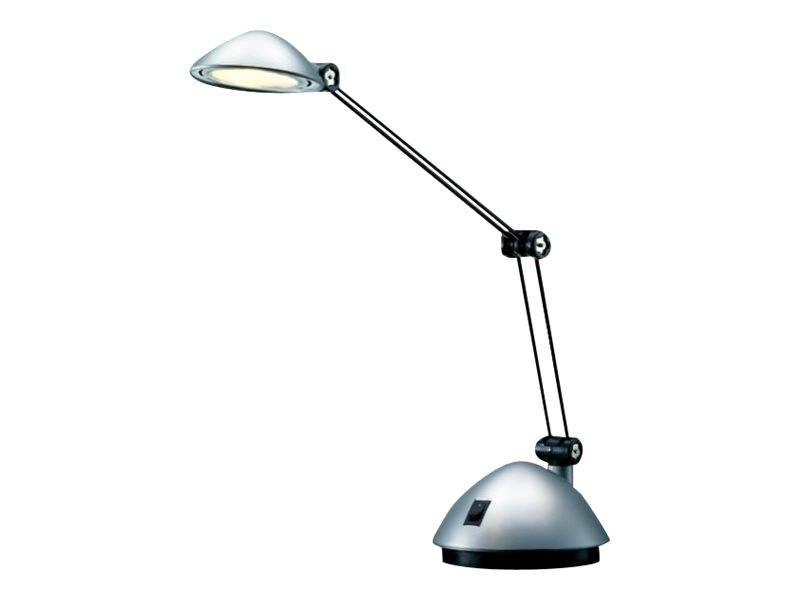 Verstellbare Schreibtischlampe mit silbernem Schirm und artikuliertem schwarzem Arm auf rundem Sockel.