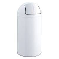 Ein weißer, zylindrischer Mülleimer mit Deckel zum Drücken.