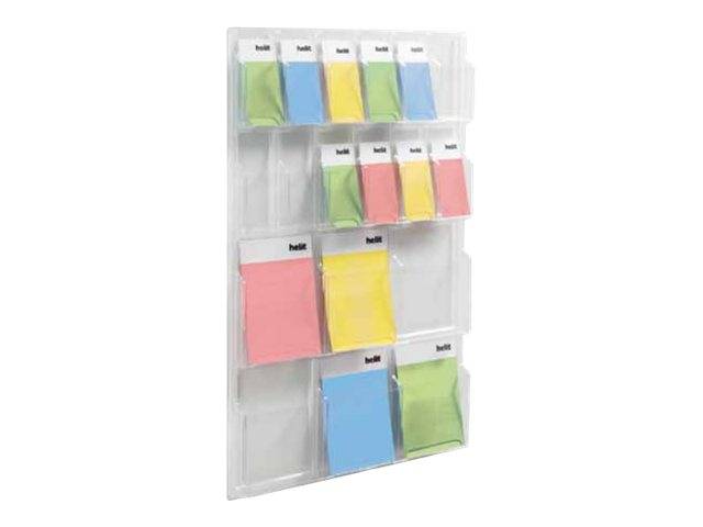 Durchsichtiger, wandmontierter Organizer mit mehreren Taschen, der bunte beschriftete Notizblöcke und Haftnotizen in Blau, Grün, Gelb, Rosa und Rot enthält.