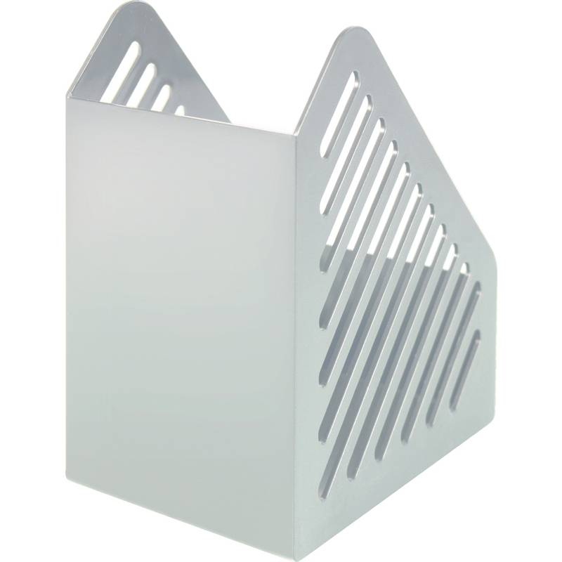 Ein dreieckiger Metallaktenhalter mit geschlitzten Seiten zur Belüftung, der entwickelt wurde, um Dokumente vertikal zu organisieren und zu lagern.