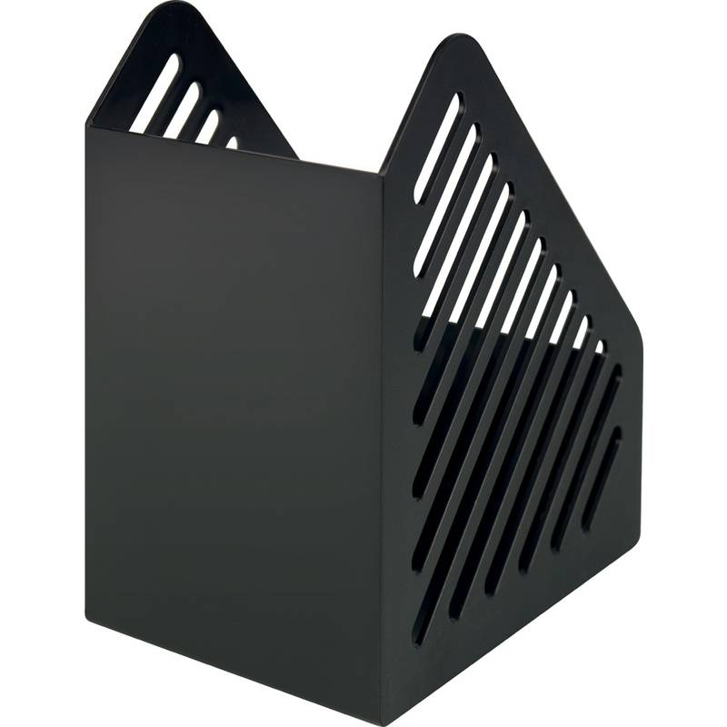 Ein schwarzer vertikaler Aktenhalter mit geschlitzten Seiten, der zum Organisieren und aufrechten Aufbewahren von Dokumenten auf einem Schreibtisch oder Regal entwickelt wurde.