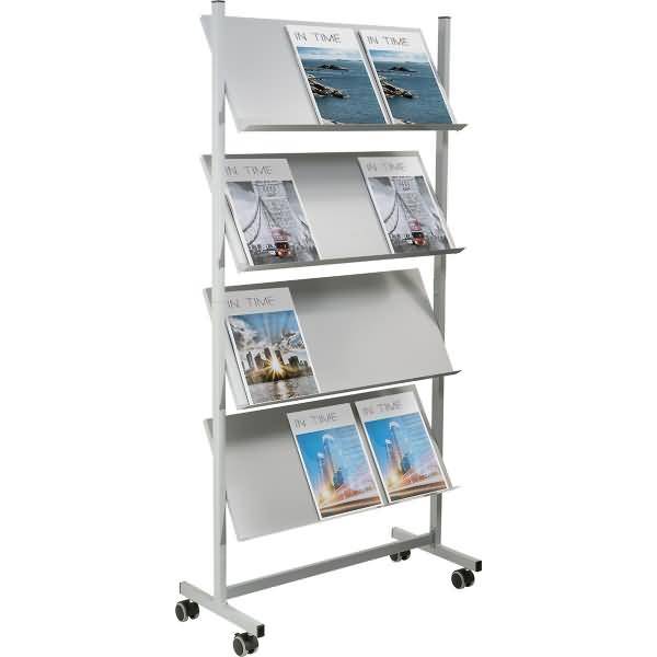 Prospektregal 12x A4 750x1580x390mm 4 Fächer Metall silber