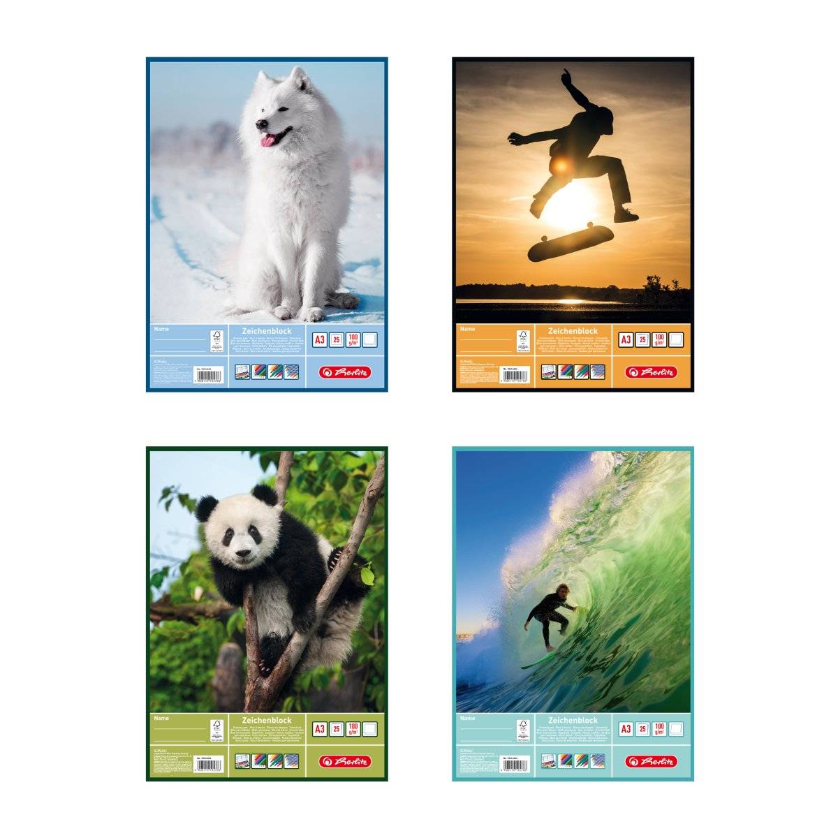Vier illustrierte Notizbücher zeigen einen weißen Hund, einen Skateboarder bei Sonnenuntergang, einen Panda in einem Baum und einen Surfer in einer Welle.