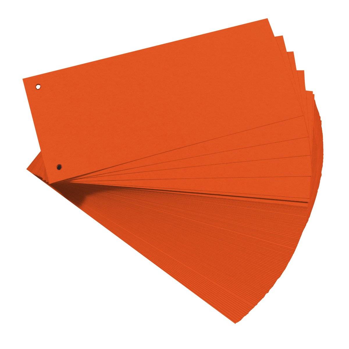 Fan von orangefarbener Farbe oder Farbmuster mit gestanzten Ecklöchern, ausgebreitet auf weißem Hintergrund.