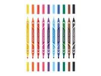 Zehn Crayola-ähnliche Buntstifte in einer vertikalen Regenbogenreihe mit entsprechenden Farbmustern oben und unten auf weißem Hintergrund.