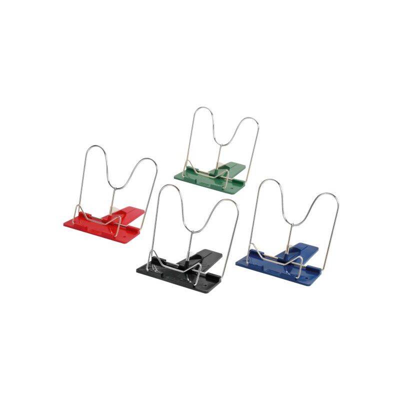 Vier Buchständer in Rot, Grün, Schwarz und Blau. Jeder hat einen Metallrahmen und eine farbige Basis, die darauf ausgelegt ist, Bücher aufrecht zu halten.