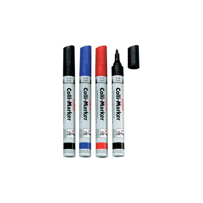 Vier Spulenmarker in Schwarz, Blau, Rot und Schwarz, mit einer entfernten Kappe, um die Spitze zu zeigen, auf weißem Hintergrund angezeigt.