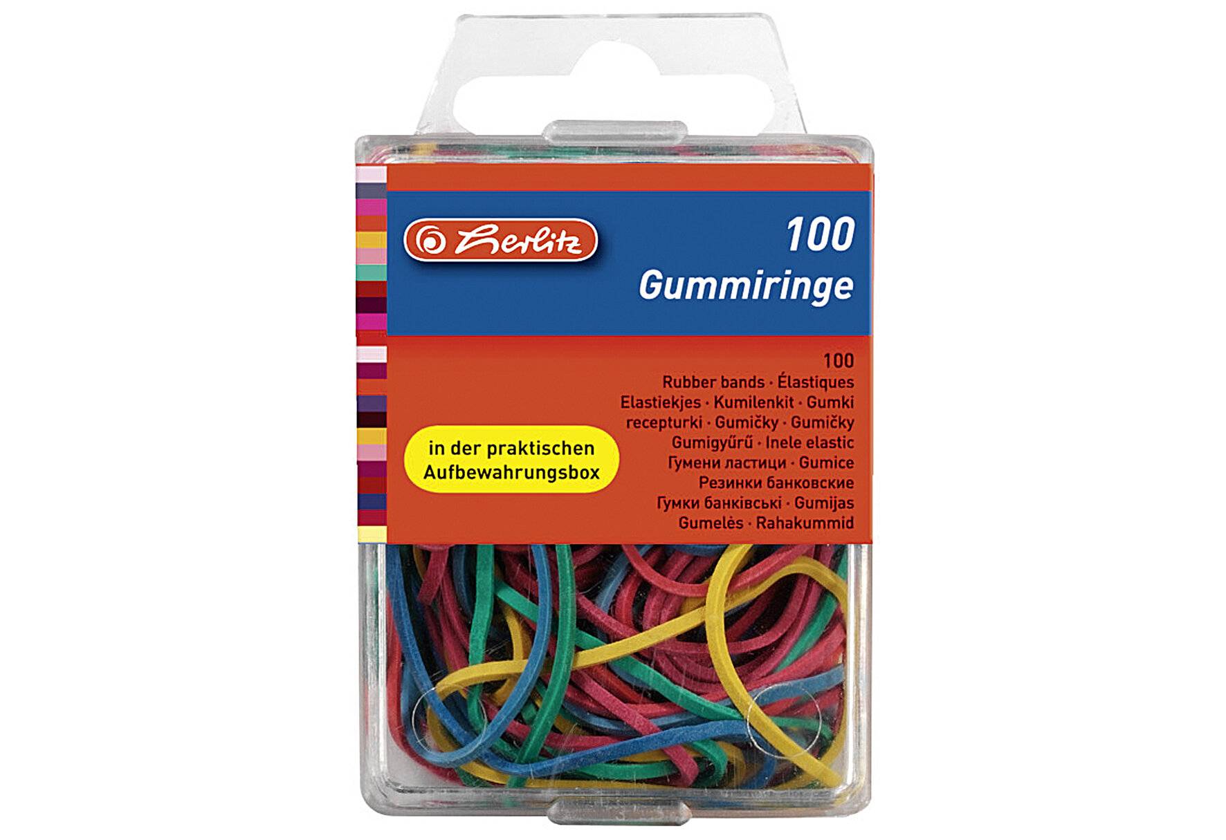 Kunststoff-Aufbewahrungsbox mit 100 Herlitz-Gummiringen mit der Beschriftung „100 Gummiringe