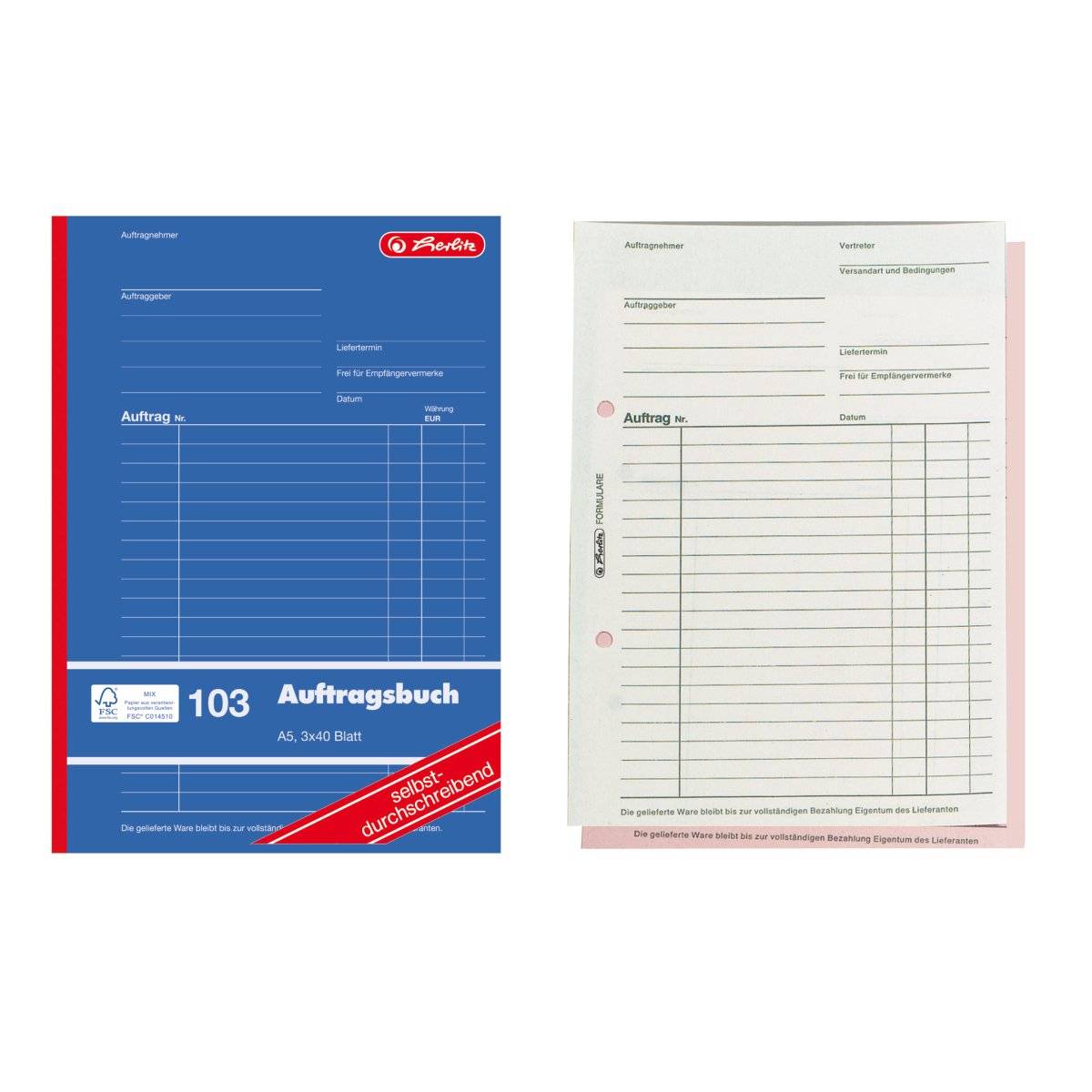Nebeneinander angeordnete Ansicht eines Auftragsbuchformulars: blaues Deckblatt mit der Bezeichnung „Auftragsbuch