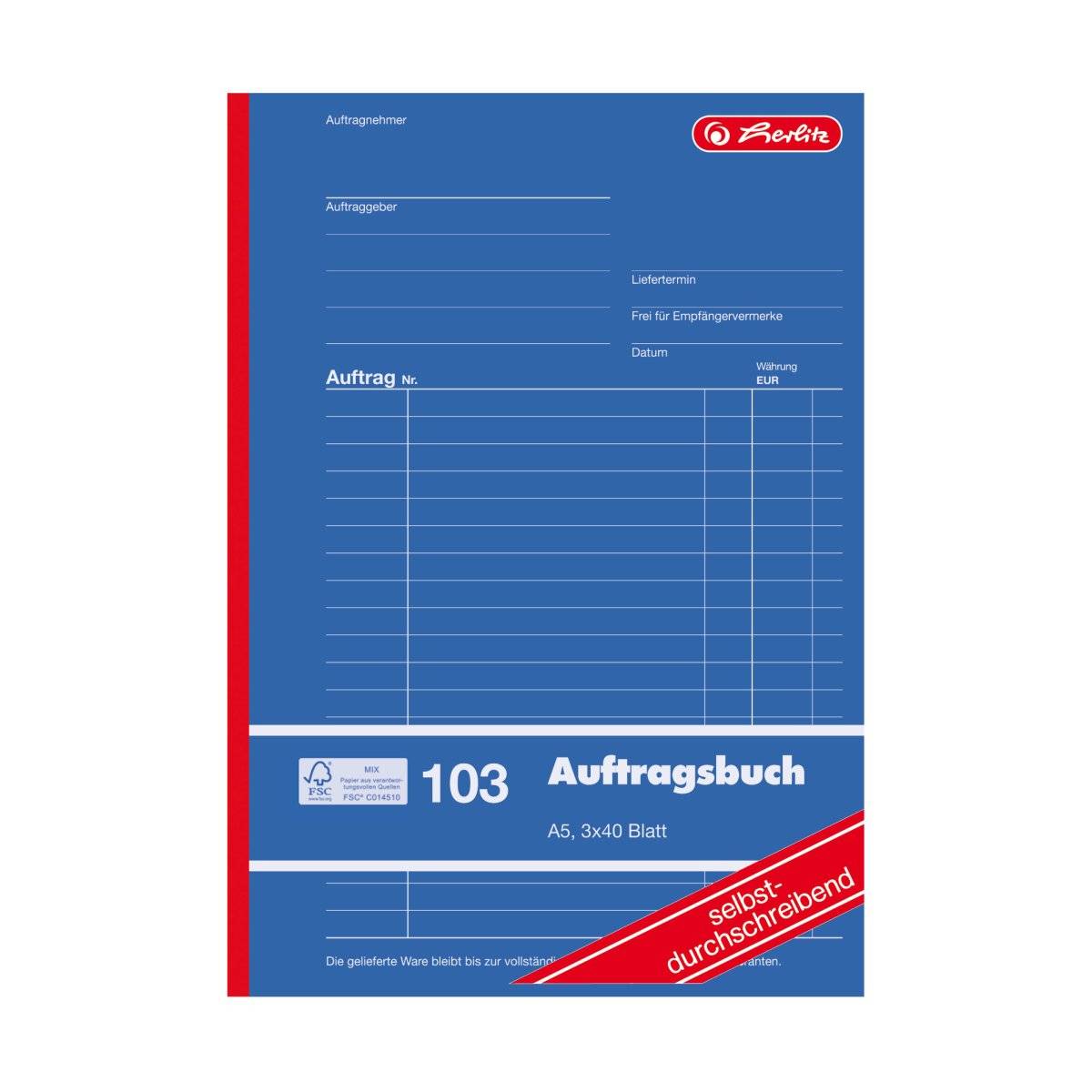 Blauer Herlitz-Auftragsbuchdeckel mit der Bezeichnung 