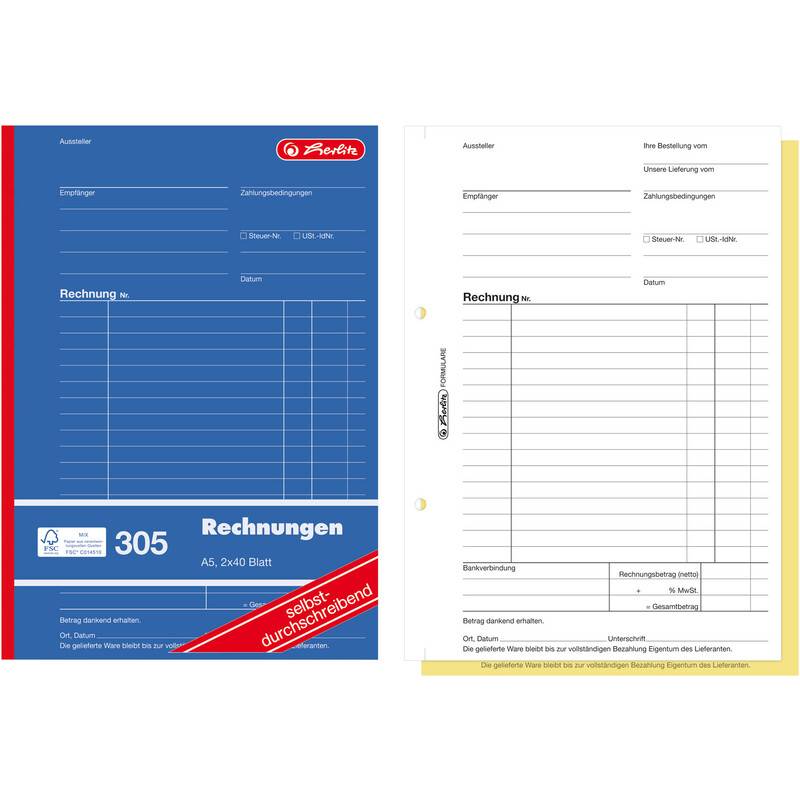 herlitz Formularbuch "Rechnung 305", DIN A5, 2 x 40 Blatt