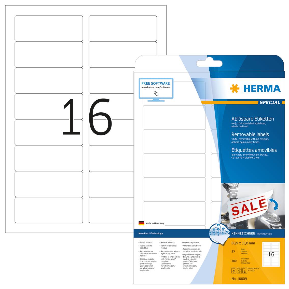 HERMA Special - Papier - matt - selbstklebend, entfernbarer Klebstoff - weiß - 88.9 x 33.8 mm 400 Etikett(en) (25 Bogen
