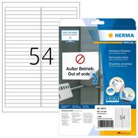 HERMA-Etikettenpackung zum Kennzeichnen außer Betrieb befindlicher Ausrüstung, mit weißen Blankoetiketten und einem Musteretikett „Außer Betrieb. Out of order.