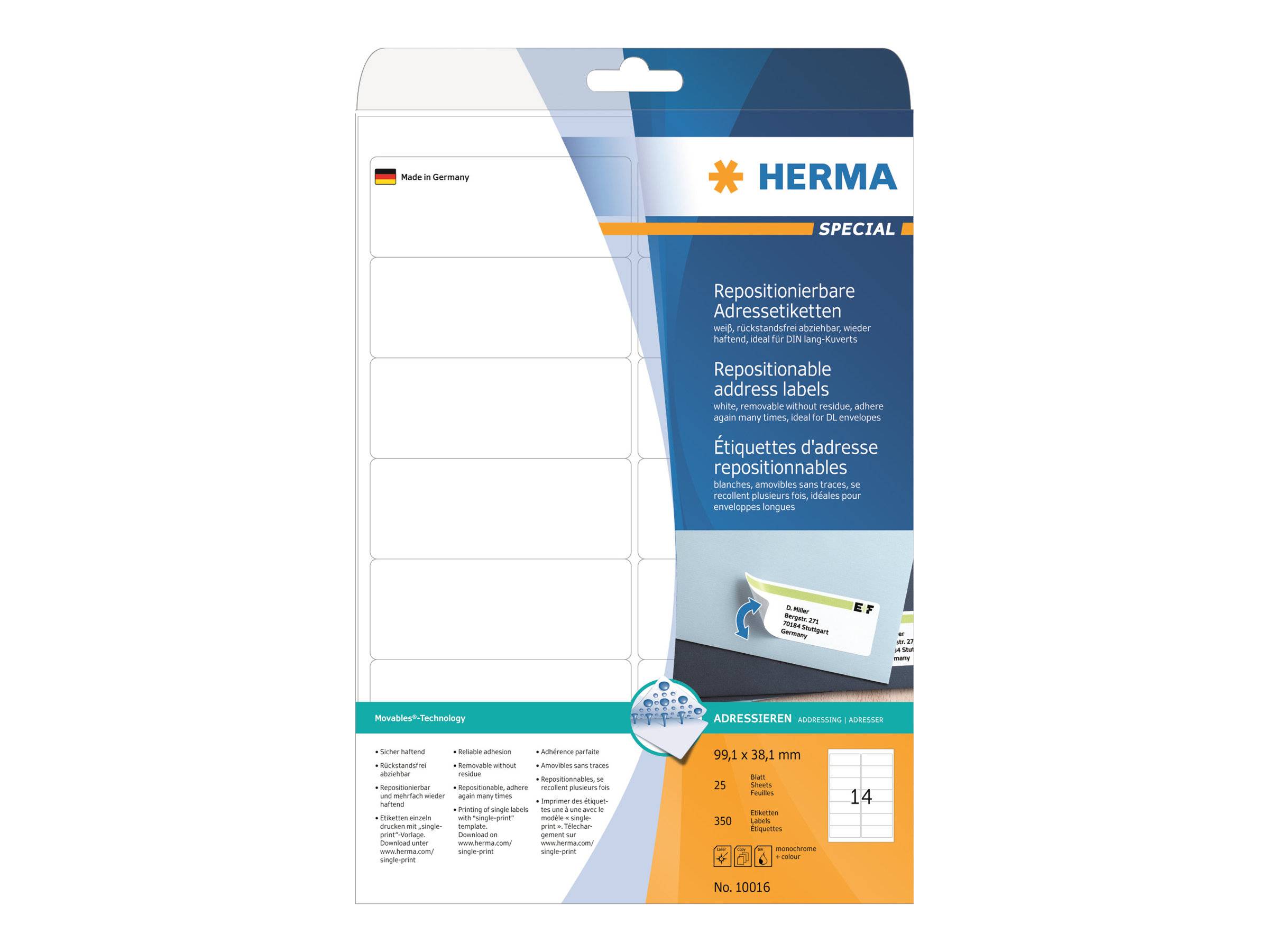 HERMA Special - Papier - matt - selbstklebend, neu positionierbar - weiß - 99.1 x 38.1 mm 350 Etikett(en) (25 Bogen x 14)
