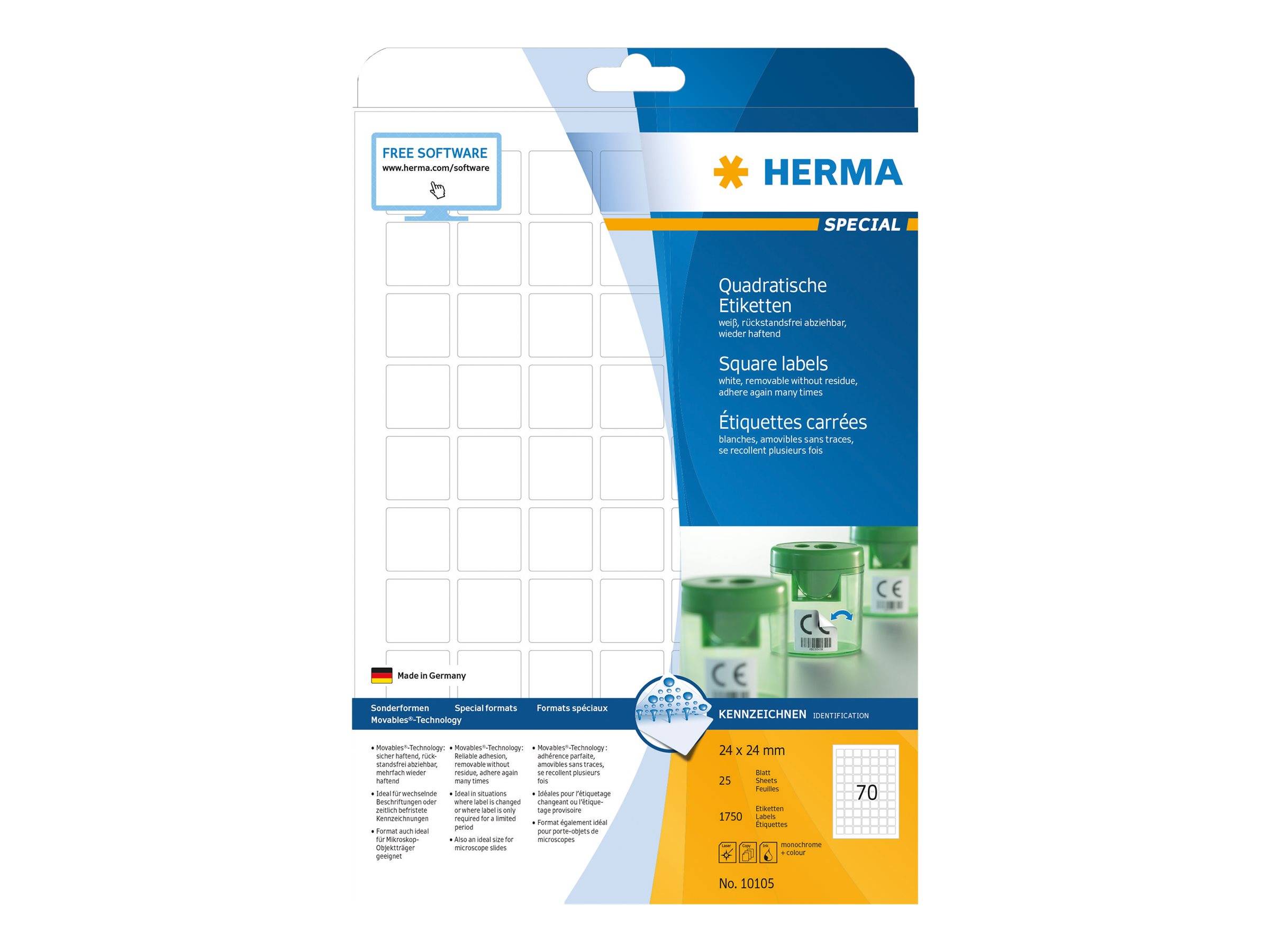 Packung HERMA Spezial-Quadrataufkleber, zeigt leere quadratische Etikettenbogen und Produktdetails für 70 Etiketten, hergestellt in Deutschland.