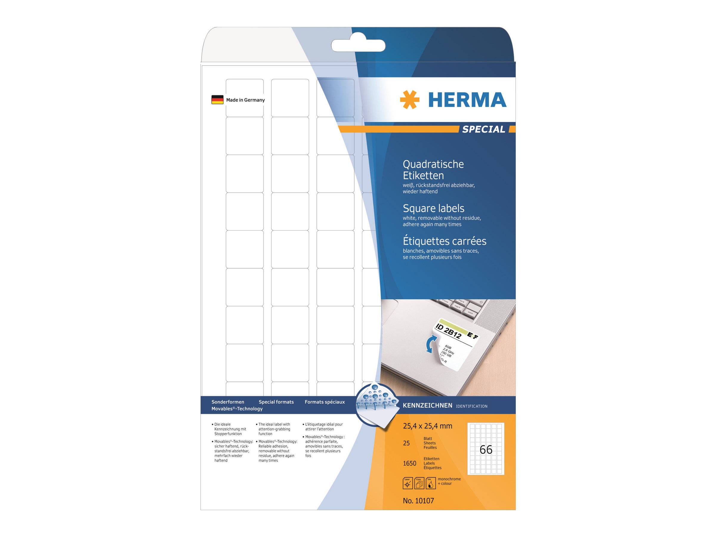 Paket HERMA Spezial-Quadratlabels mit leeren Klebeetiketten und Produktdetails für 25,4 x 25,4 mm Labels, 4 Blatt, insgesamt 66 Labels.