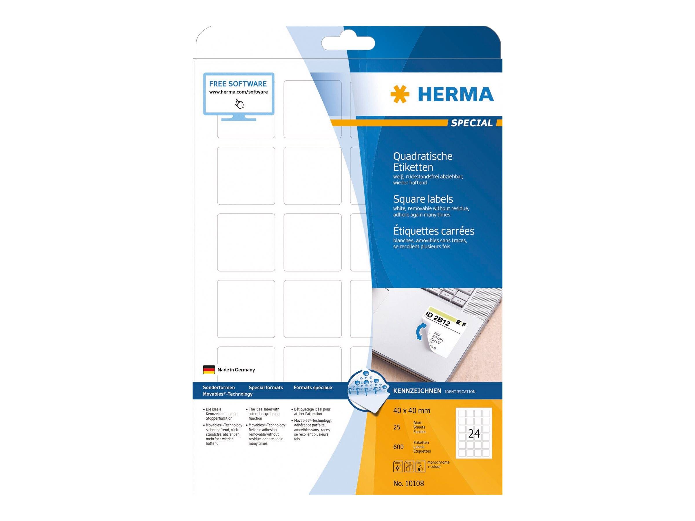Verpackung für HERMA Spezial quadratische selbstklebende Etiketten, 40 x 40 mm, 24 pro Blatt, weiß, mit Produktdetails und Vorschau des Etikettenblatts.