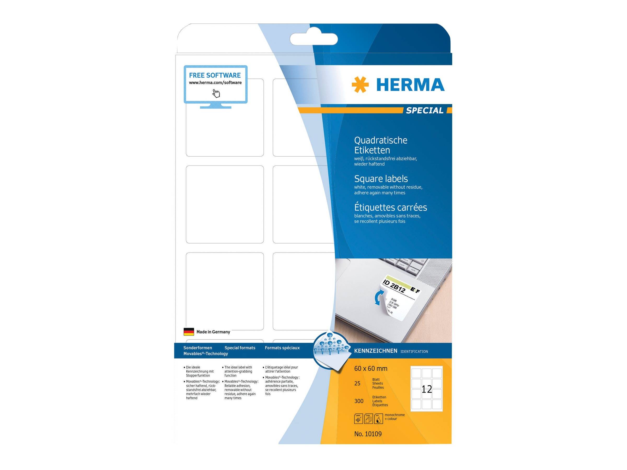 Verpackung für HERMA Spezial-Quadrat-Etiketten mit weißen Etikettenbogen und Produktdetails für 60 x 60 mm Etiketten, 12 Stück pro Bogen.