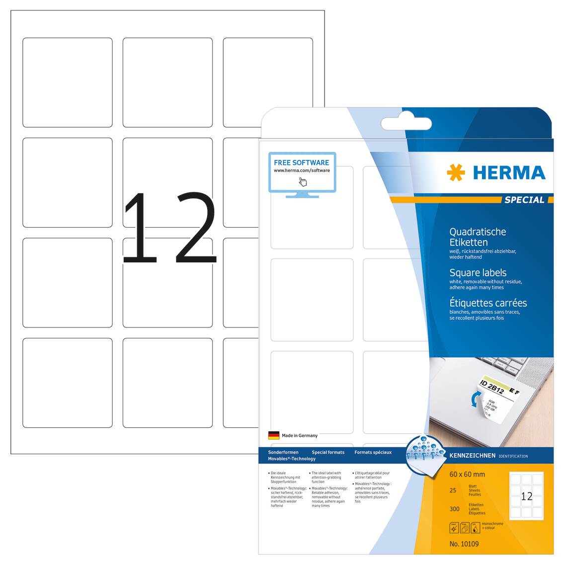 HERMA Special - Papier - matt - selbstklebend, entfernbarer Klebstoff - weiß - 60 x 60 mm 300 Etikett(en) (25 Bogen x 12