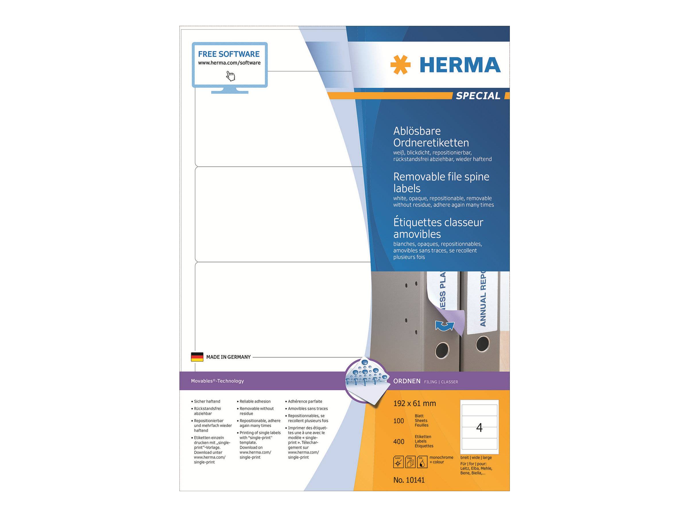 Verpackung für HERMA Spezial ablösbare Rückenschilder, 192 x 61 mm, 100 Blatt, mit enthaltener Software und Etiketten für Ringordner.