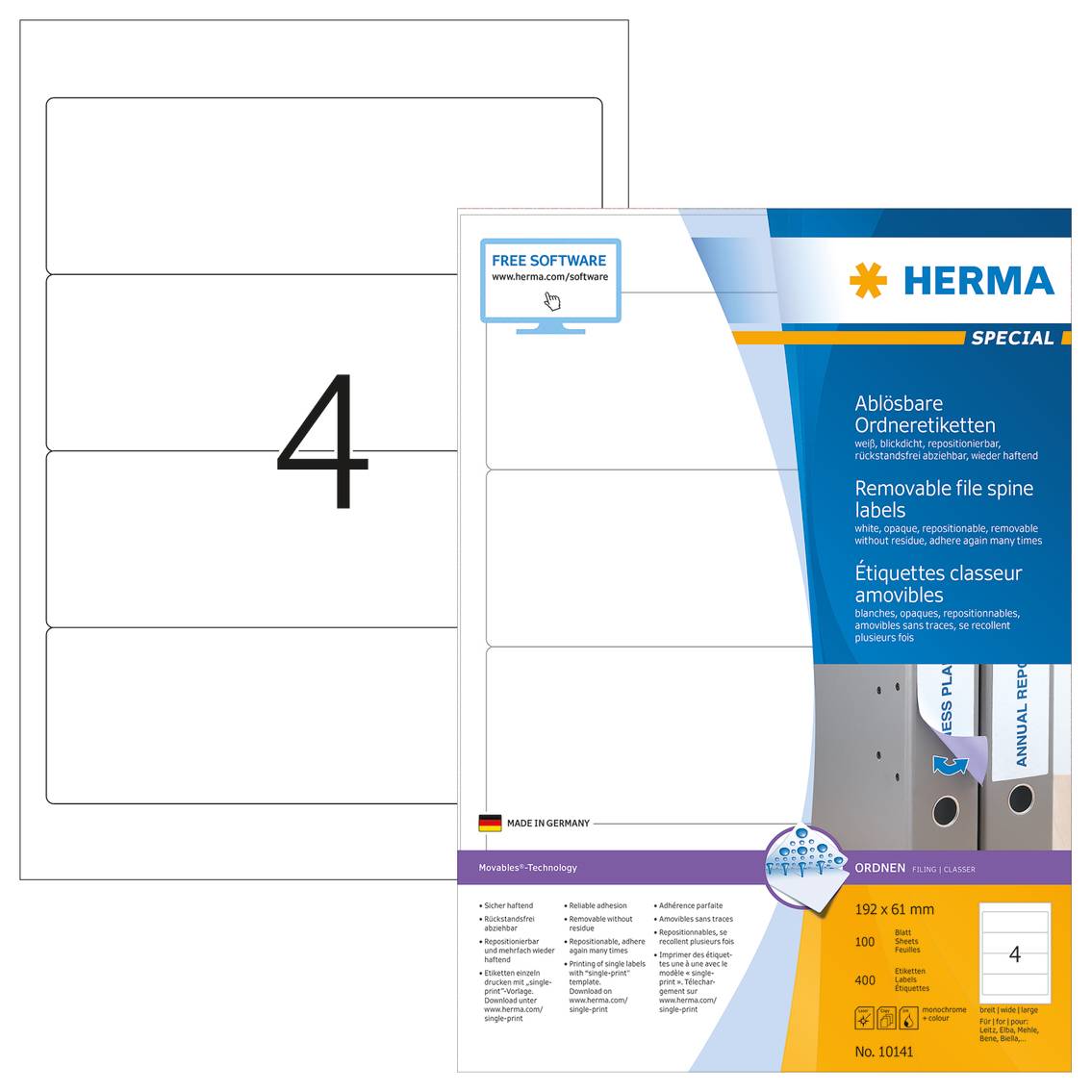 HERMA Special - Papier - matt - selbstklebend, entfernbarer Klebstoff - weiß - 192 x 61 mm 400 Etikett(en) (100 Bogen x