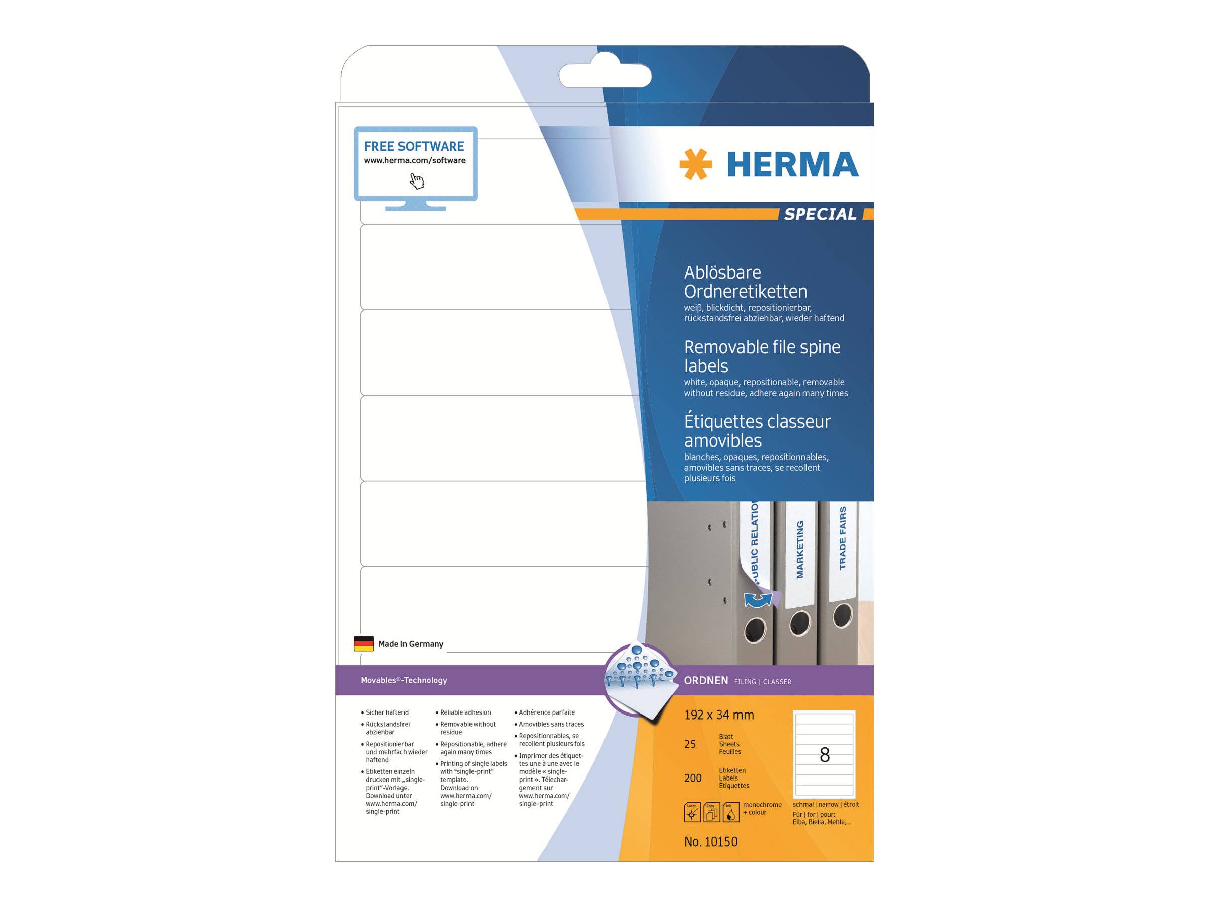 HERMA Special - Papier - matt - selbstklebend, entfernbarer Klebstoff - weiß - 192 x 34 mm 200 Etikett(en) (25 Bogen x 8