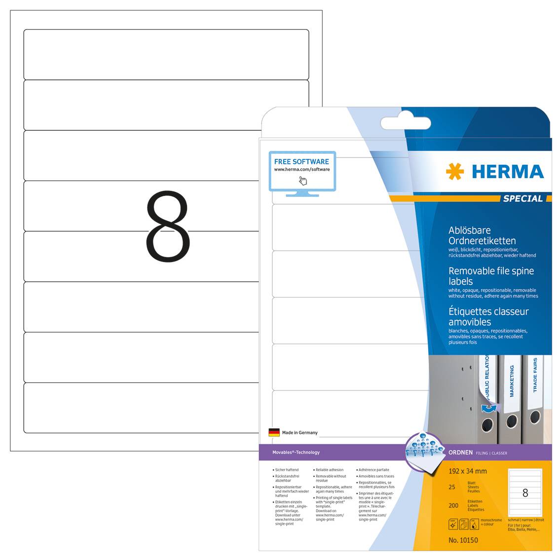 HERMA Special - Papier - matt - selbstklebend, entfernbarer Klebstoff - weiß - 192 x 34 mm 200 Etikett(en) (25 Bogen x 8