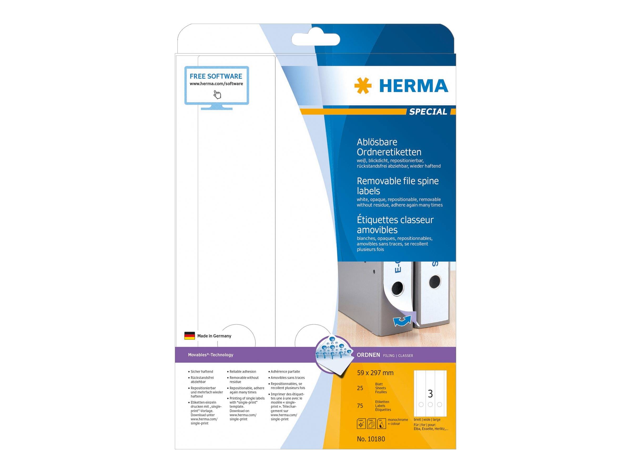 HERMA Special - Papier - matt - selbstklebend, entfernbarer Klebstoff - weiß - 59 x 297 mm 75 Etikett(en) (25 Bogen x 3)