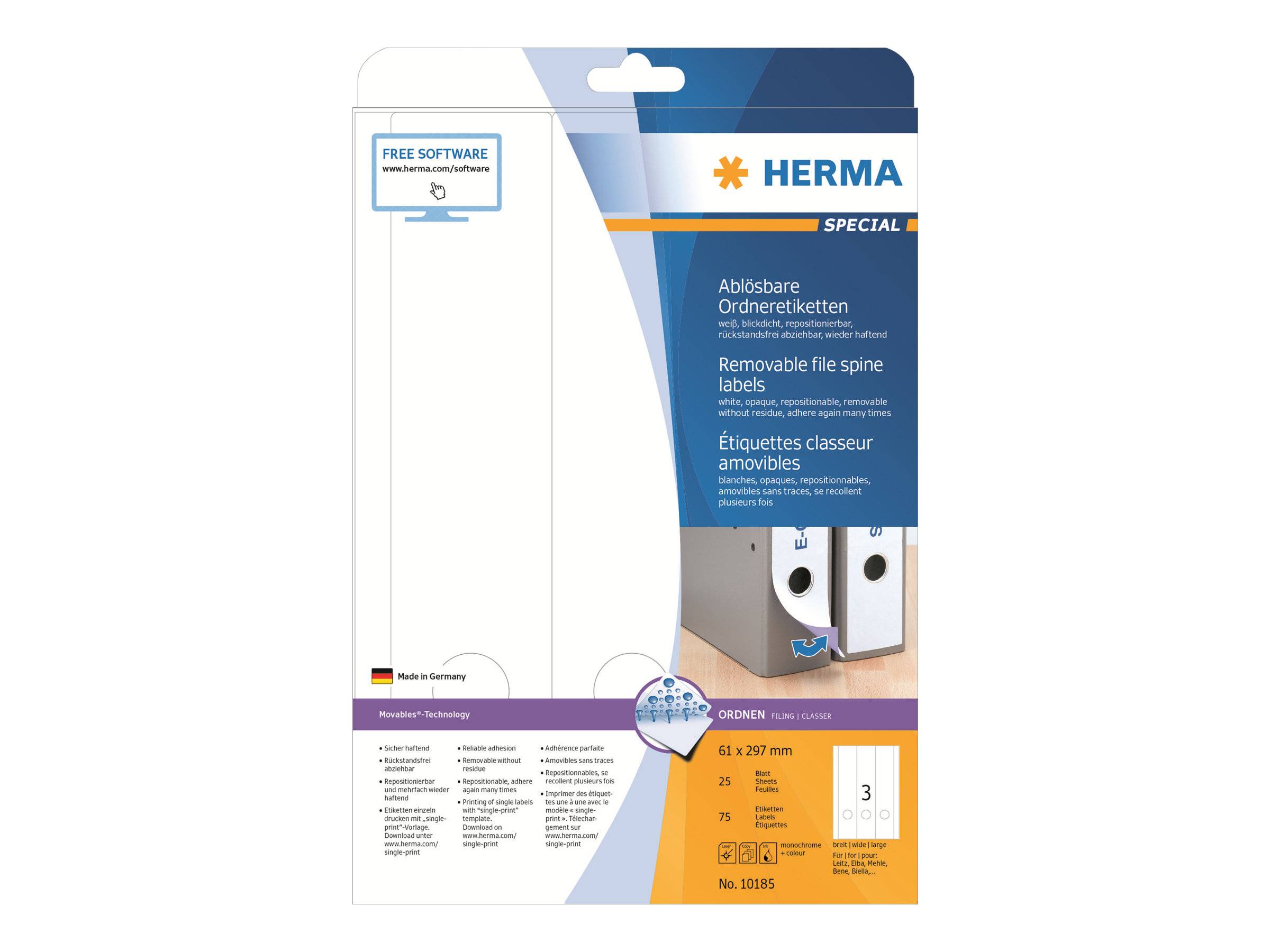 Paket mit HERMA Spezial ablösbaren Aktenetikett-Etiketten mit kostenloser Software, mit leeren weißen Etiketten und einem Beispiel für ein Ordneretikett