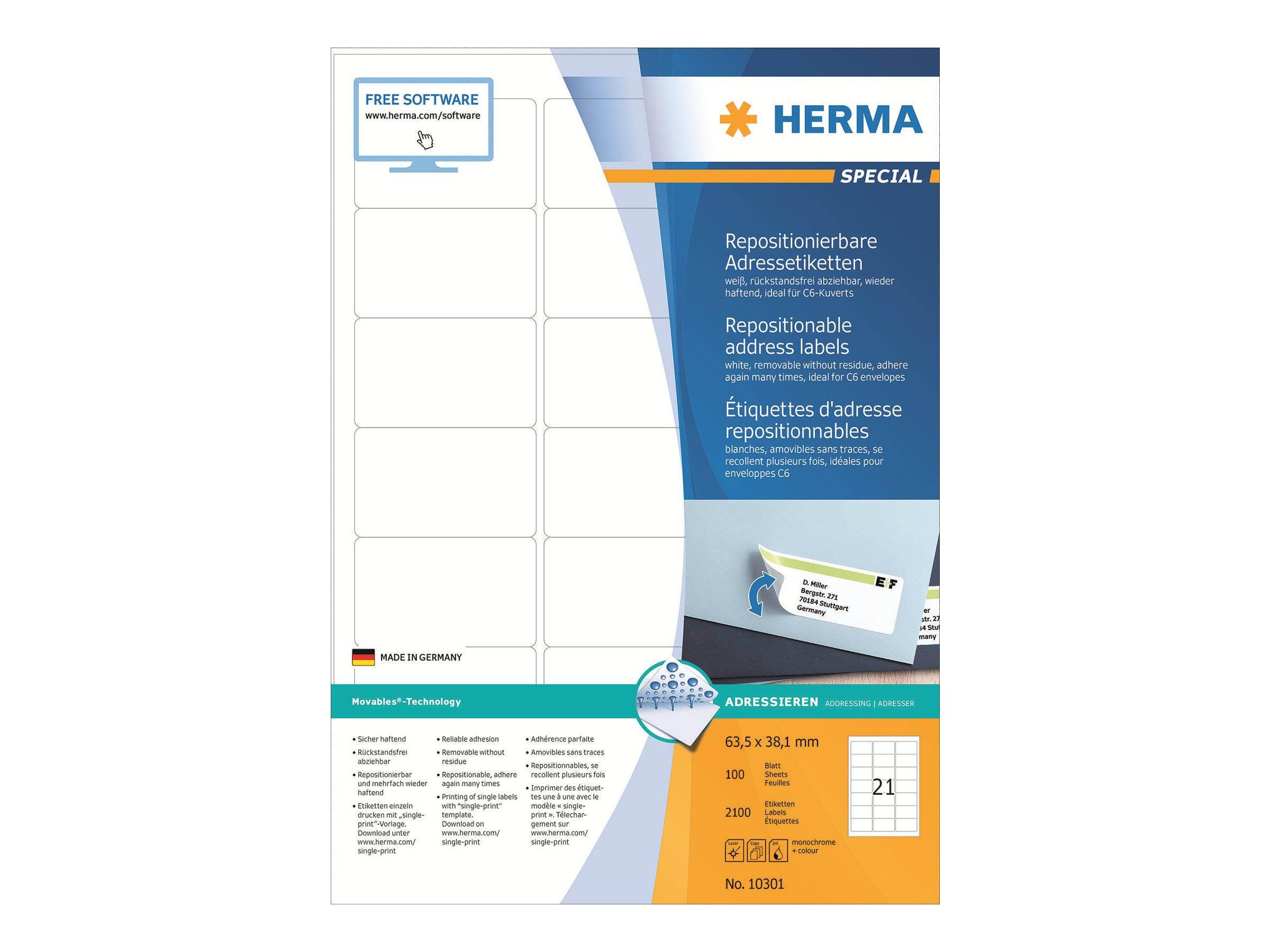 Paket mit HERMA Spezial-Umschlagetiketten, mit kostenloser Softwarenotiz, Produktdetails und Etikettengröße 63,5 x 38,1 mm