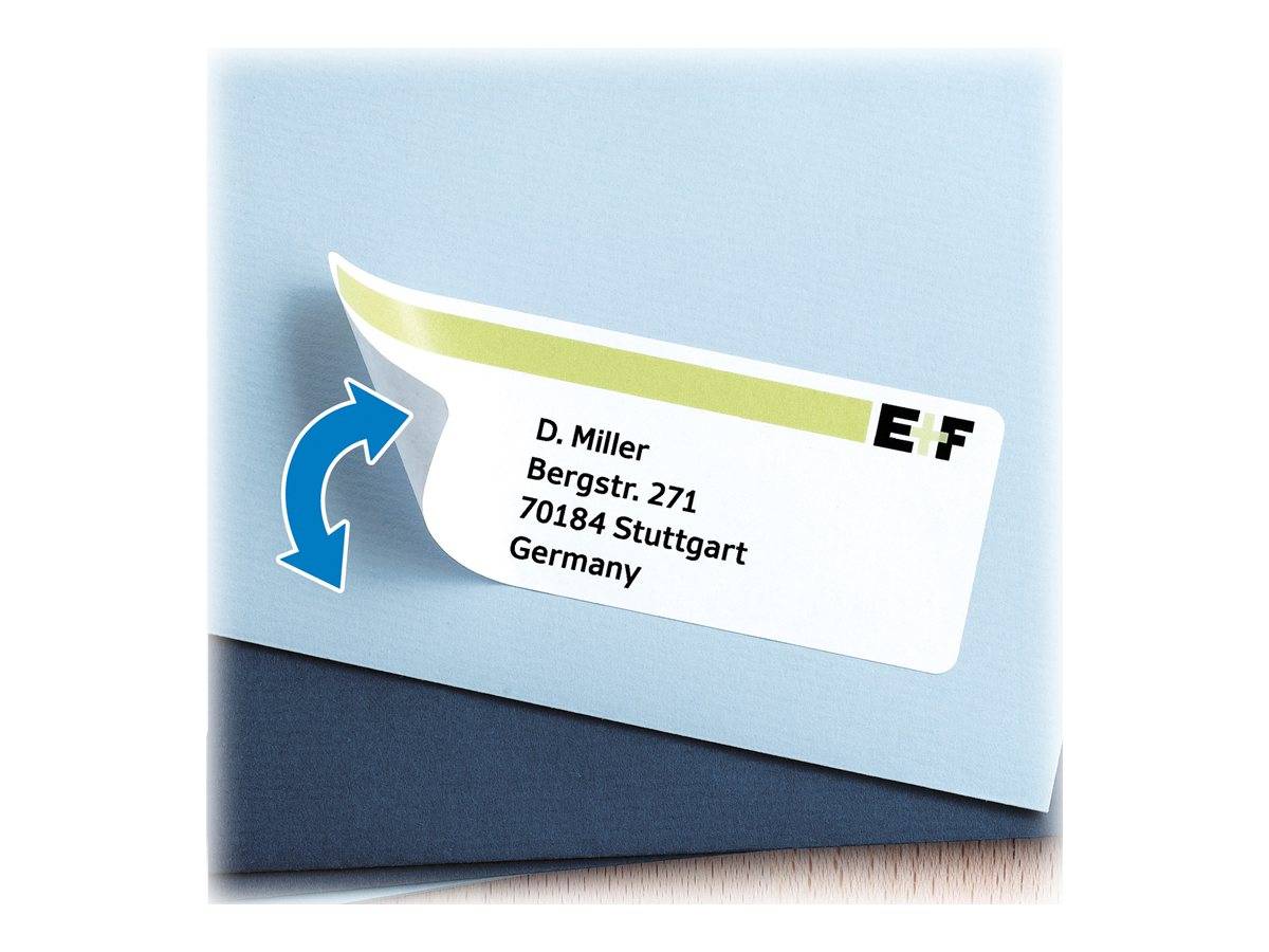 Nahaufnahme eines abgelösten Adressetiketts auf einem blauen Umschlag mit der Adresse „D. Miller, Bergstr. 271, 70184 Stuttgart, Deutschland