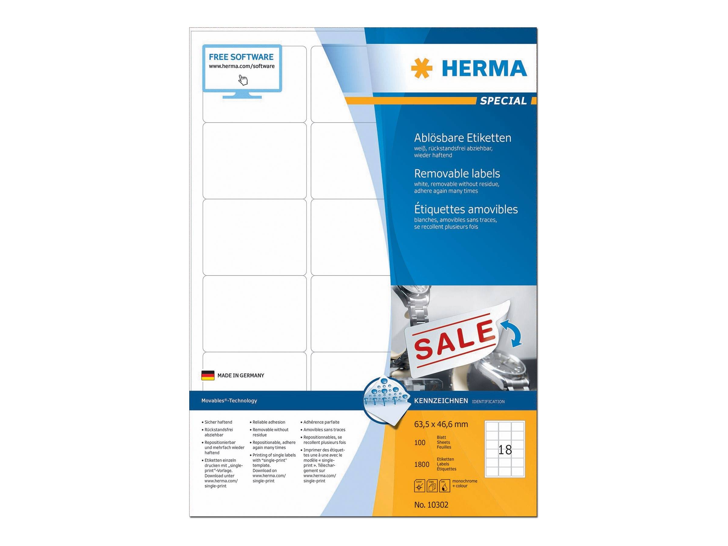 Paket mit HERMA Spezial-Etiketten zum Ablösen mit Vorschau eines leeren Etikettenblatts, Badge „KOSTENLOSE SOFTWARE