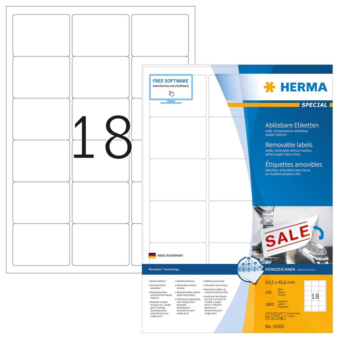 HERMA Special - Papier - matt - selbstklebend, entfernbarer Klebstoff - weiß - 63.5 x 46.6 mm 1800 Etikett(en) (100 Boge