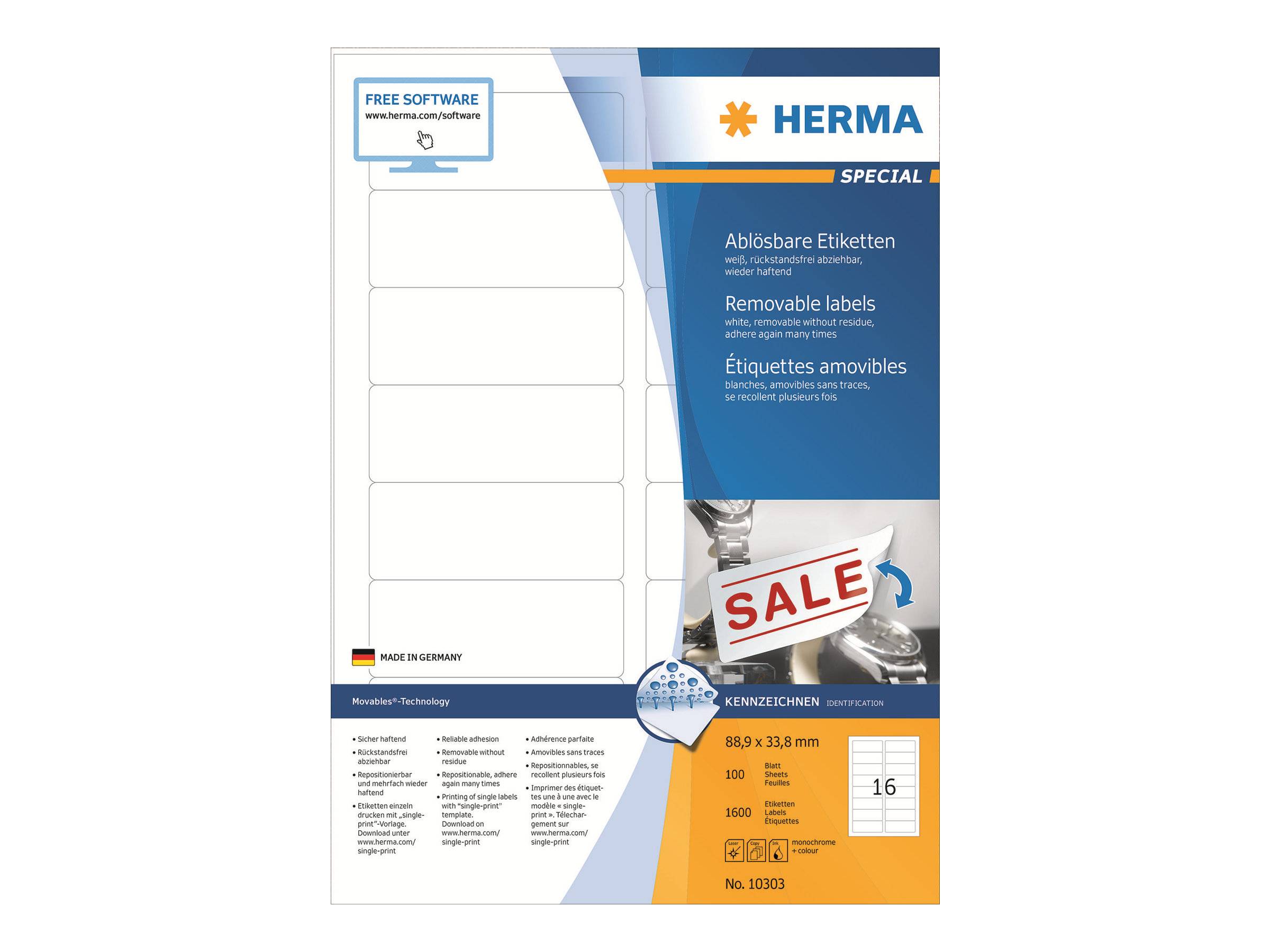 Verpackung für HERMA ablösbare Etiketten, mit leeren Etikettenblättern, einem 