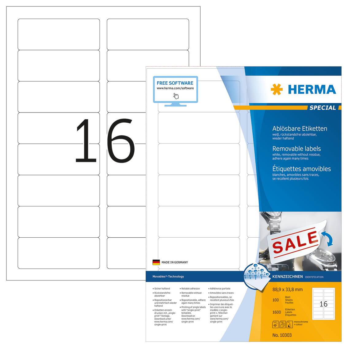 HERMA Special - Papier - matt - selbstklebend, entfernbarer Klebstoff - weiß - 88.9 x 33.8 mm 1600 Etikett(en) (100 Boge