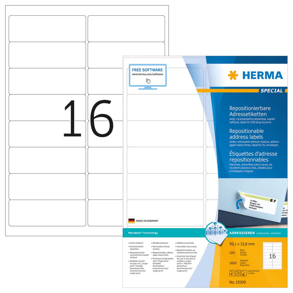 HERMA Special - Klebstoff, neu positionierbar - weiß - 99.1 x 33.8 mm 1600 Etikett(en) (100 Bogen x 16)