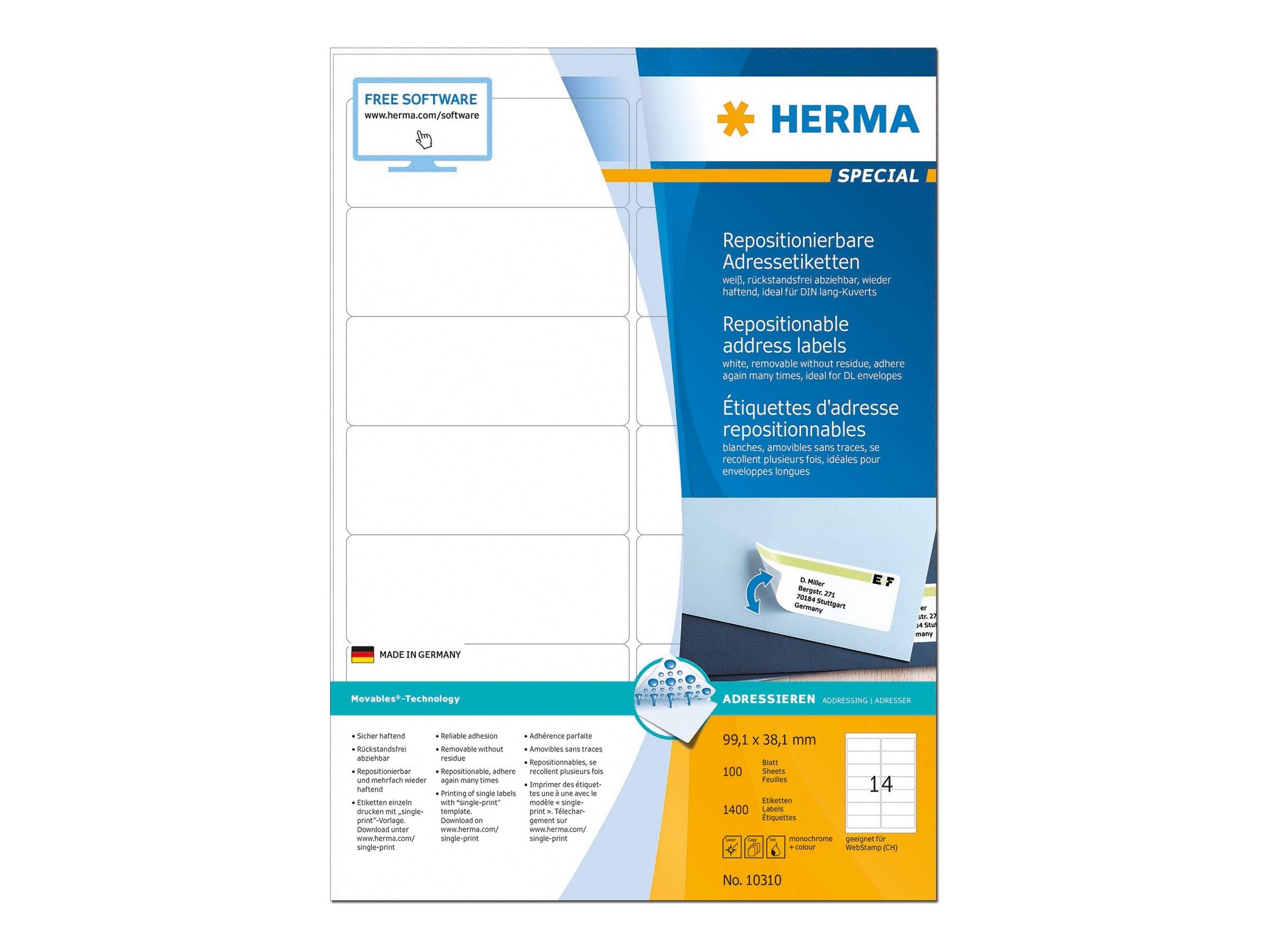 Verpackung für HERMA Spezial-Adressetiketten, zeigt leere weiße Etikettenbogen und Produktdetails einschließlich 99,1 x 38,1 mm, 14 pro Blatt.