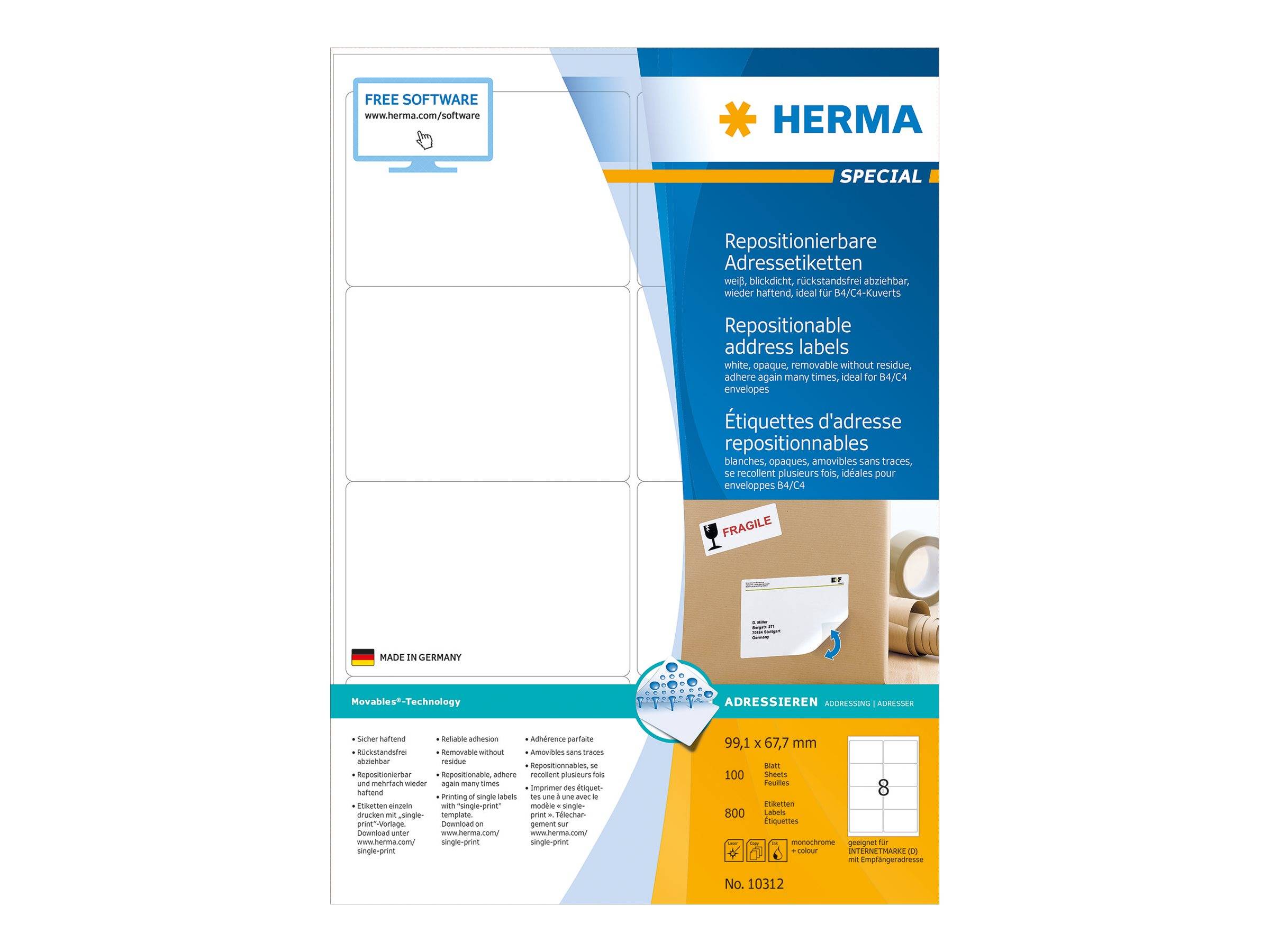Herma Special wiederablösbare Adressetiketten Verpackung, zeigt Etikettenblatt-Layout, mehrsprachigen Produktnamen und Größe 99,1 x 67,7 mm.