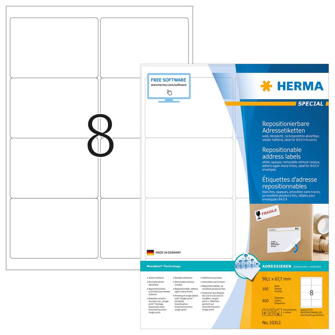 HERMA Special - Papier - matt - selbstklebend, neu positionierbar - weiß - 99.1 x 67.7 mm 800 Etikett(en) (100 Bogen x 8