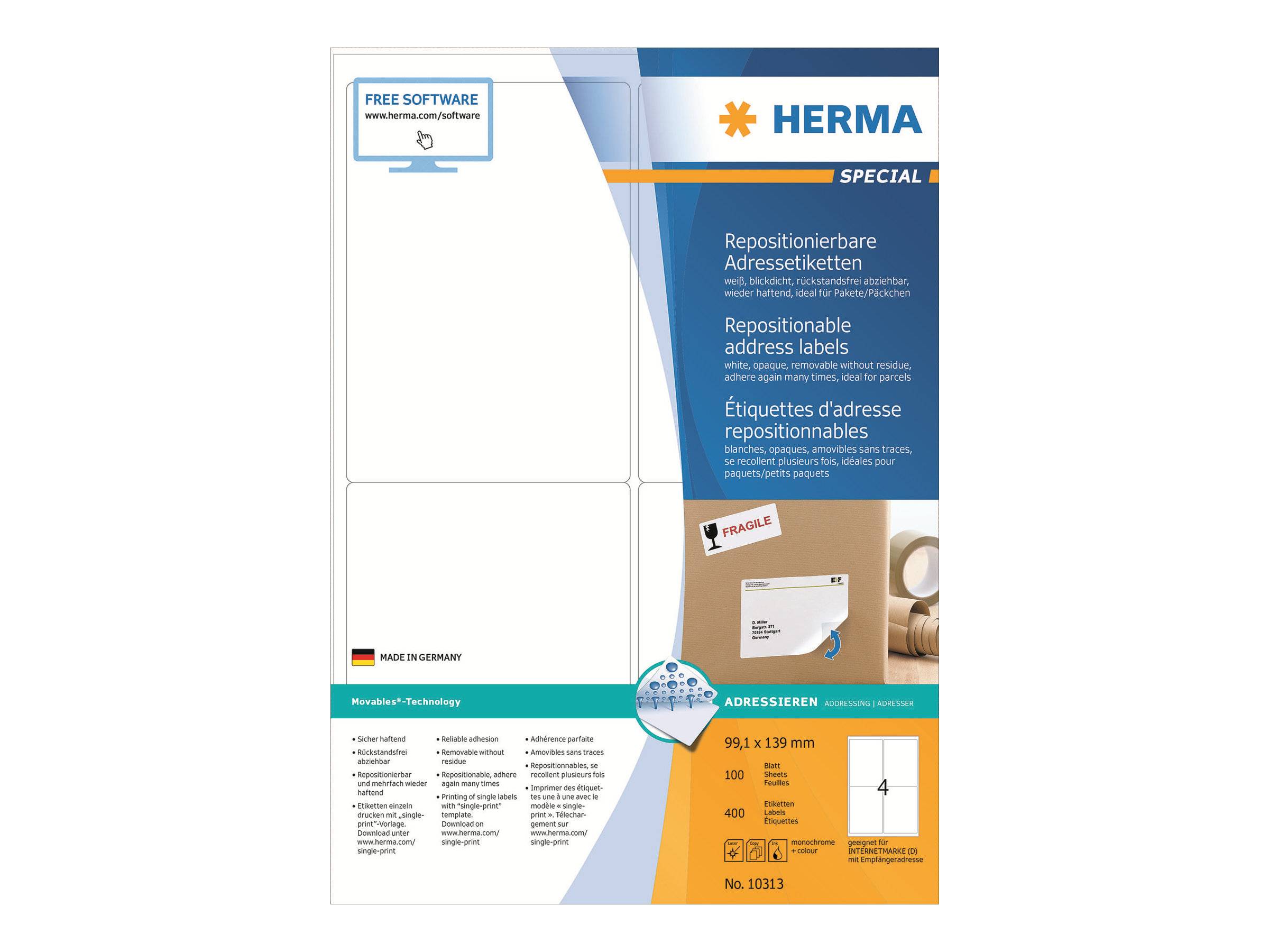 HERMA Special - Papier - matt - selbstklebend, neu positionierbar - weiß - 99.1 x 139 mm 400 Etikett(en) (100 Bogen x 4)