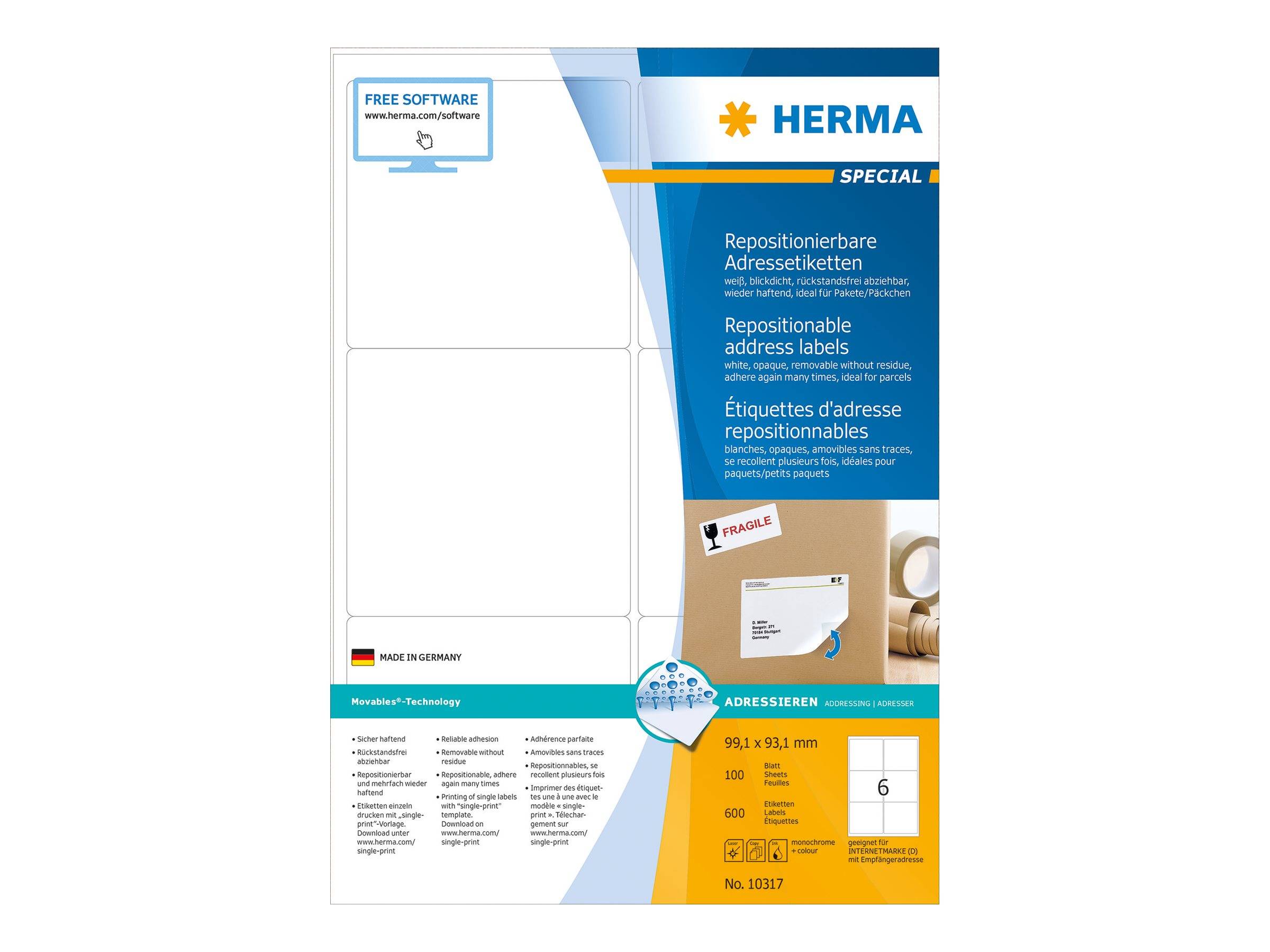 HERMA Special - Papier - selbstklebend, neu positionierbar - weiß - 99.1 x 93.1 mm 600 Etikett(en) (100 Bogen x 6)